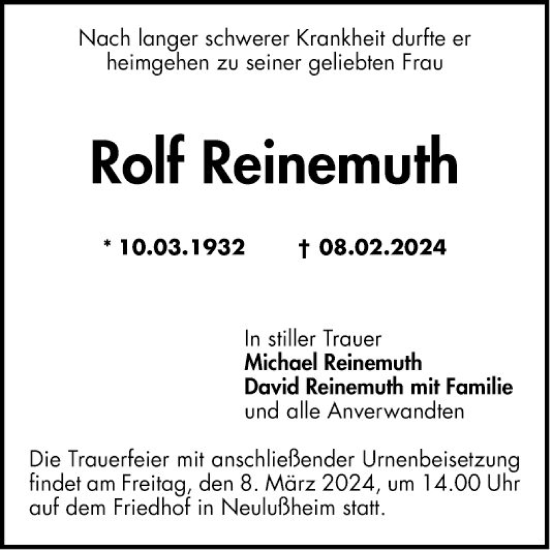 Traueranzeige von Rolf Reinemuth von Schwetzinger Zeitung