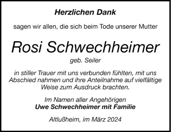 Traueranzeige von Rosi Schwechheimer von Schwetzinger Zeitung