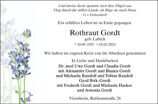 Traueranzeige von Rothraut Gordt von Mannheimer Morgen