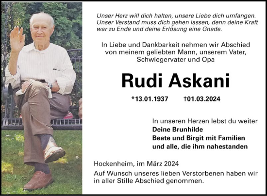 Traueranzeige von Rudi Askani von Schwetzinger Zeitung