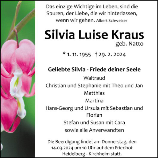 Traueranzeige von Silvia Luise Kraus von Mannheimer Morgen