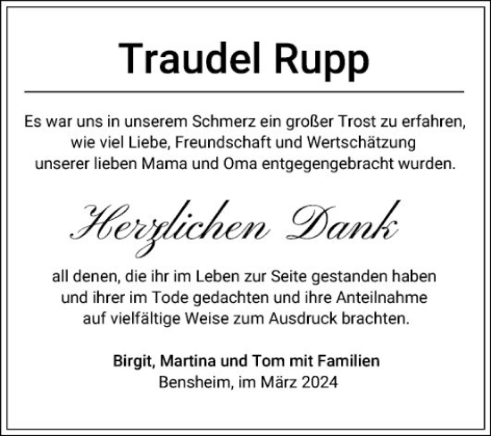 Traueranzeige von Traudel Rupp von Bergsträßer Anzeiger