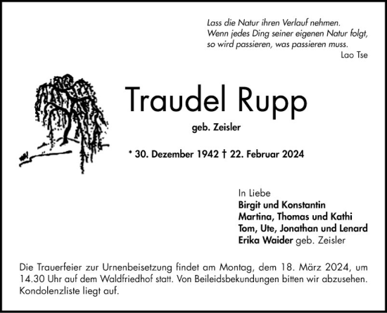 Traueranzeige von Traudel Rupp von Bergsträßer Anzeiger
