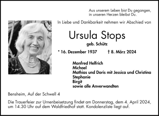 Traueranzeige von Ursula Stops von Bergsträßer Anzeiger
