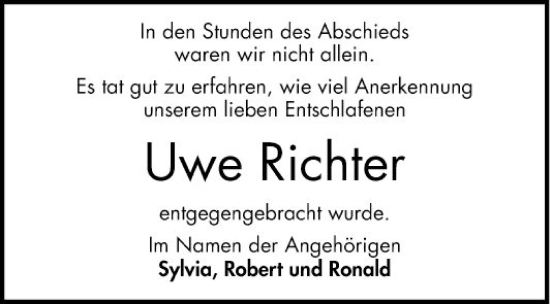 Traueranzeige von Uwe Richter von Bergsträßer Anzeiger