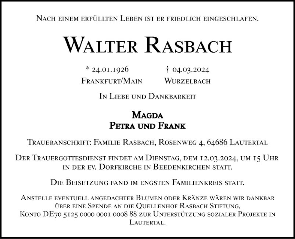  Traueranzeige für Walter Rasbach vom 09.03.2024 aus Bergsträßer Anzeiger