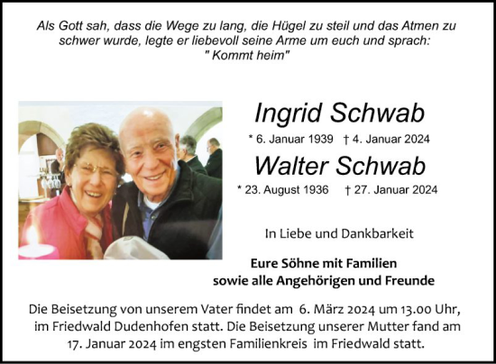 Traueranzeige von Walter Schwab von Schwetzinger Zeitung