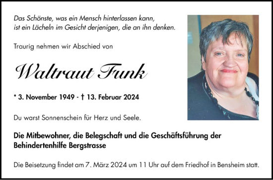 Traueranzeige von Waltraud Funk von Bergsträßer Anzeiger