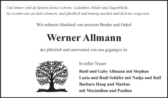 Traueranzeige von Werner Allmann von Fränkische Nachrichten