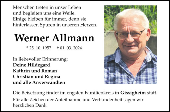Traueranzeige von Werner Allmann von Fränkische Nachrichten