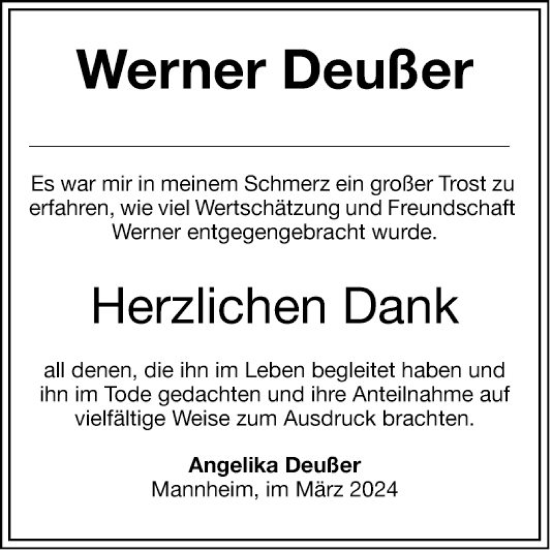 Traueranzeige von Werner Deußer von Mannheimer Morgen