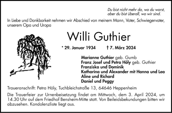 Traueranzeige von Willi Guthier von Bergsträßer Anzeiger