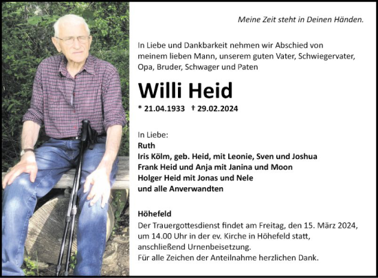 Traueranzeige von Willi Heid von Fränkische Nachrichten