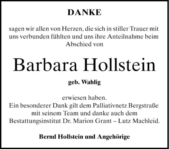 Traueranzeige von Barbara Hollstein von Bergsträßer Anzeiger