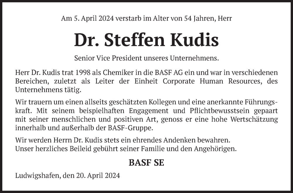  Traueranzeige für Steffen Charly Kudis vom 20.04.2024 aus Mannheimer Morgen
