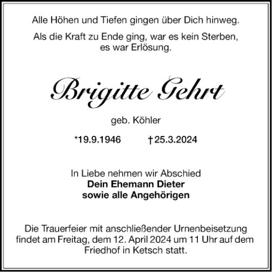 Traueranzeige von Brigitte Gehrt von Schwetzinger Zeitung