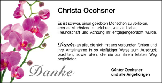 Traueranzeige von Christa Oechsner von Mannheimer Morgen