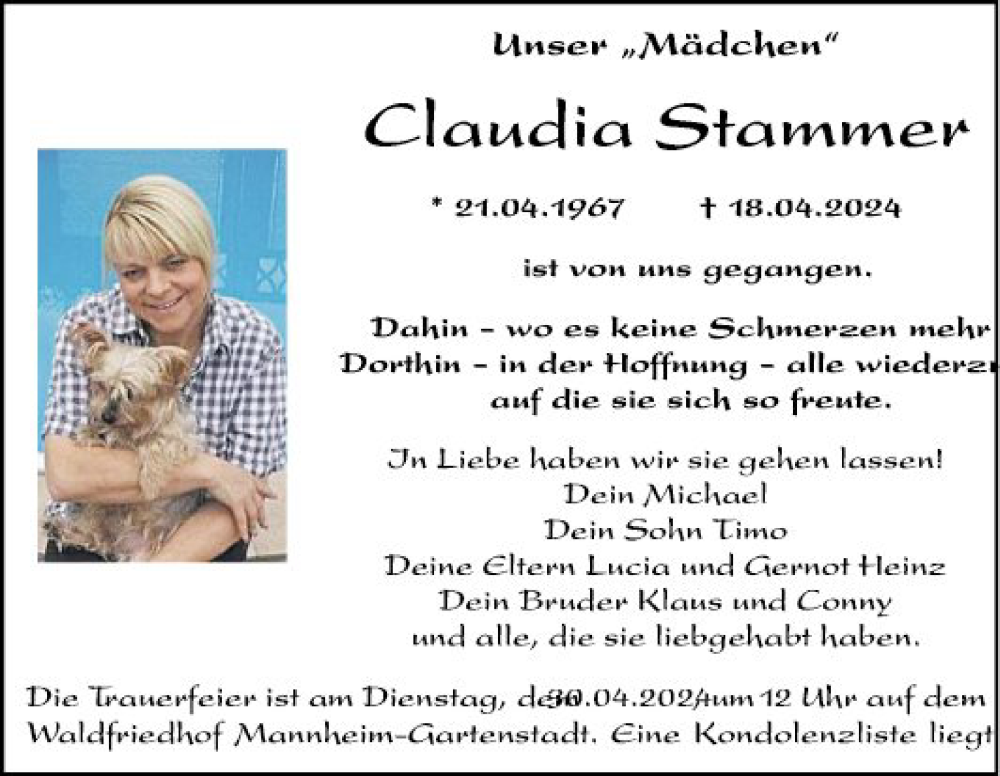  Traueranzeige für Claudia Stammer vom 27.04.2024 aus Mannheimer Morgen