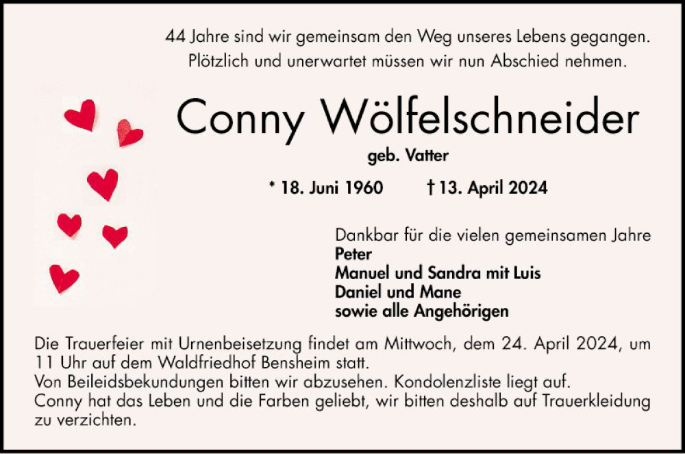  Traueranzeige für Conny Wölfelschneider vom 20.04.2024 aus Bergsträßer Anzeiger