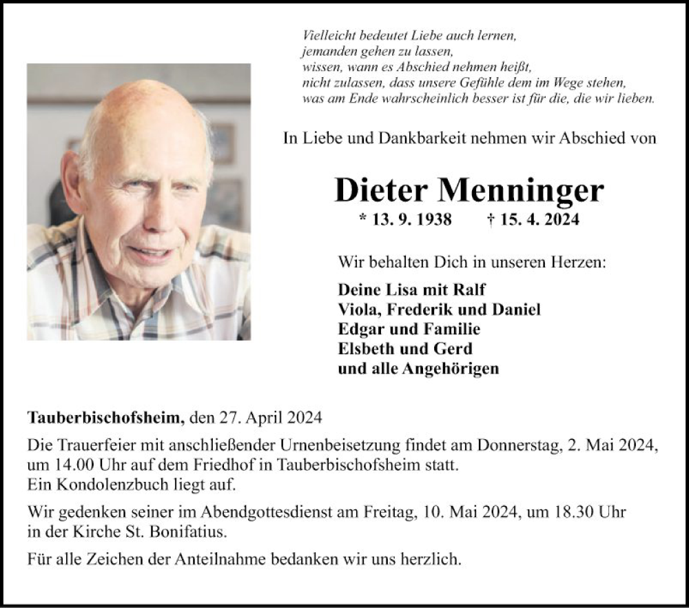  Traueranzeige für Dieter Menninger vom 27.04.2024 aus Fränkische Nachrichten