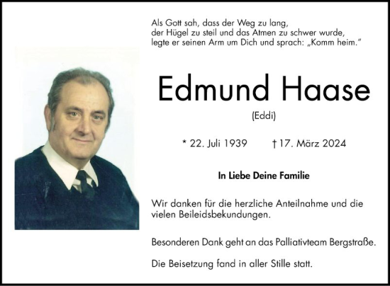 Traueranzeige von Edmund Haase von Bergsträßer Anzeiger