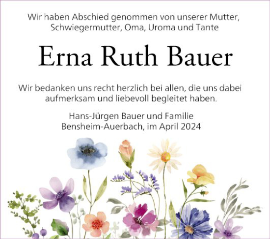 Traueranzeige von Erna Ruth Bauer von Bergsträßer Anzeiger