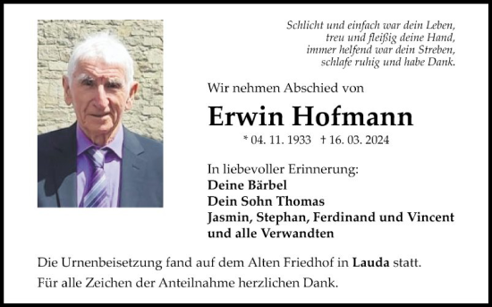 Traueranzeige von Erwin Hofmann von Fränkische Nachrichten