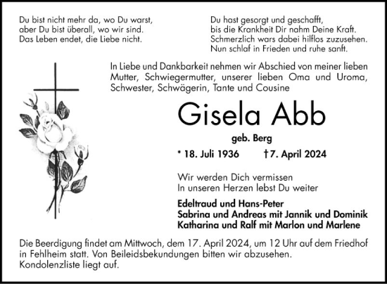 Traueranzeige von Gisela Abb von Bergsträßer Anzeiger