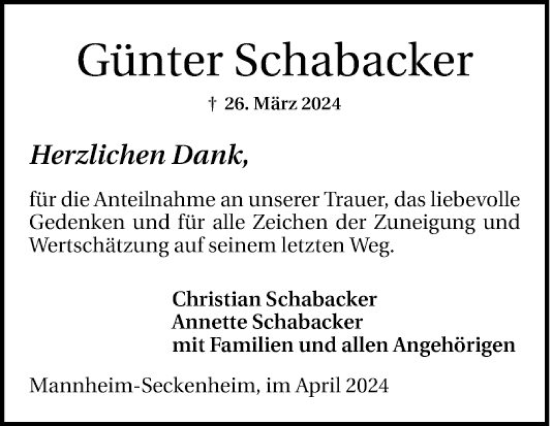 Traueranzeige von Günter Schabacker von Mannheimer Morgen