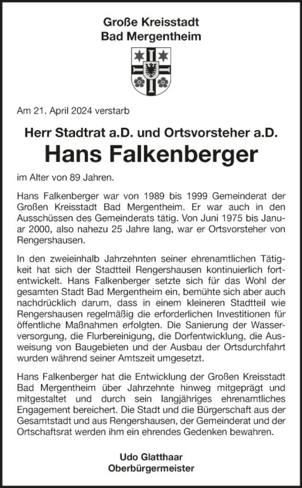  Traueranzeige für Hans Falkenberger vom 24.04.2024 aus Fränkische Nachrichten