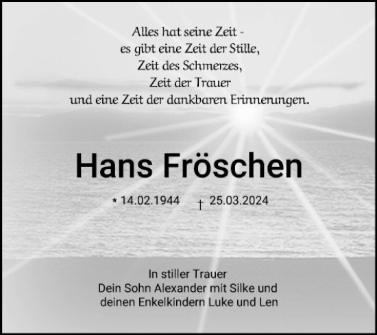 Traueranzeige von Hans Fröschen von Fränkische Nachrichten