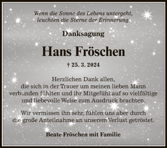 Traueranzeige von Hans Fröschen von Fränkische Nachrichten