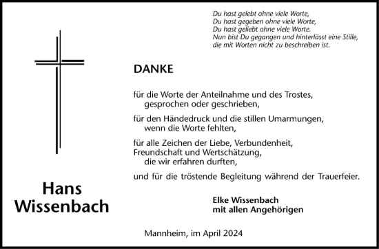 Traueranzeige von Hans Wissenbach von Mannheimer Morgen