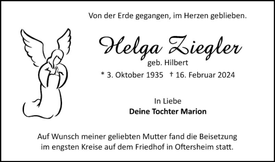 Traueranzeige von Helga Ziegler von Schwetzinger Zeitung