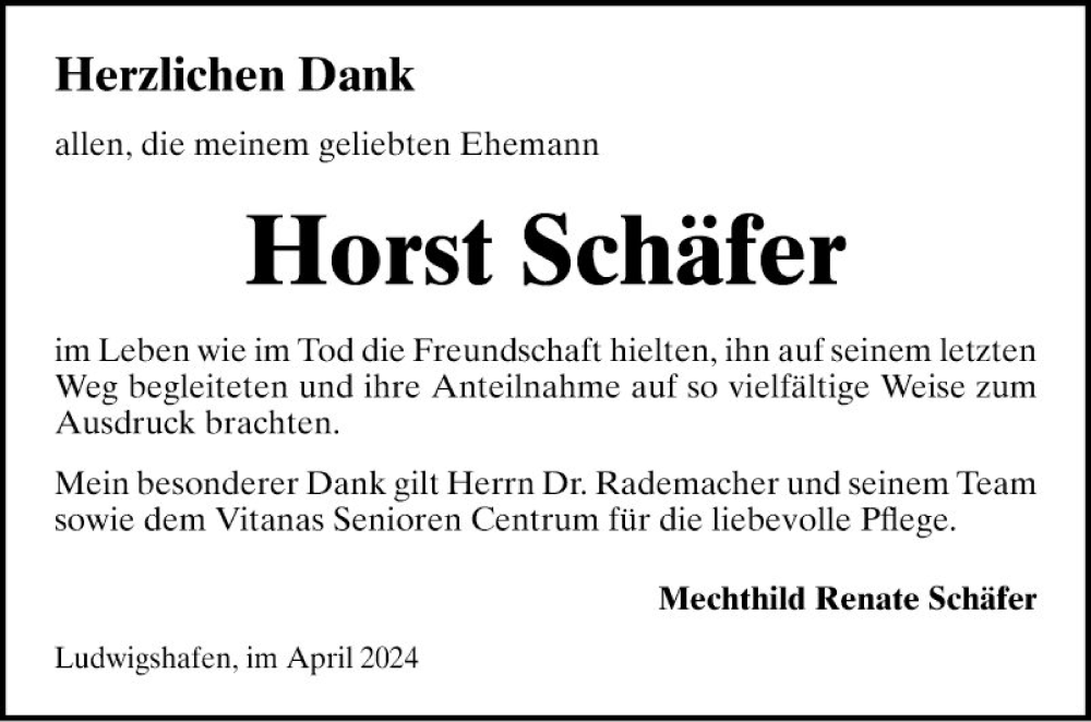  Traueranzeige für Horst Schäfer vom 26.04.2024 aus Mannheimer Morgen