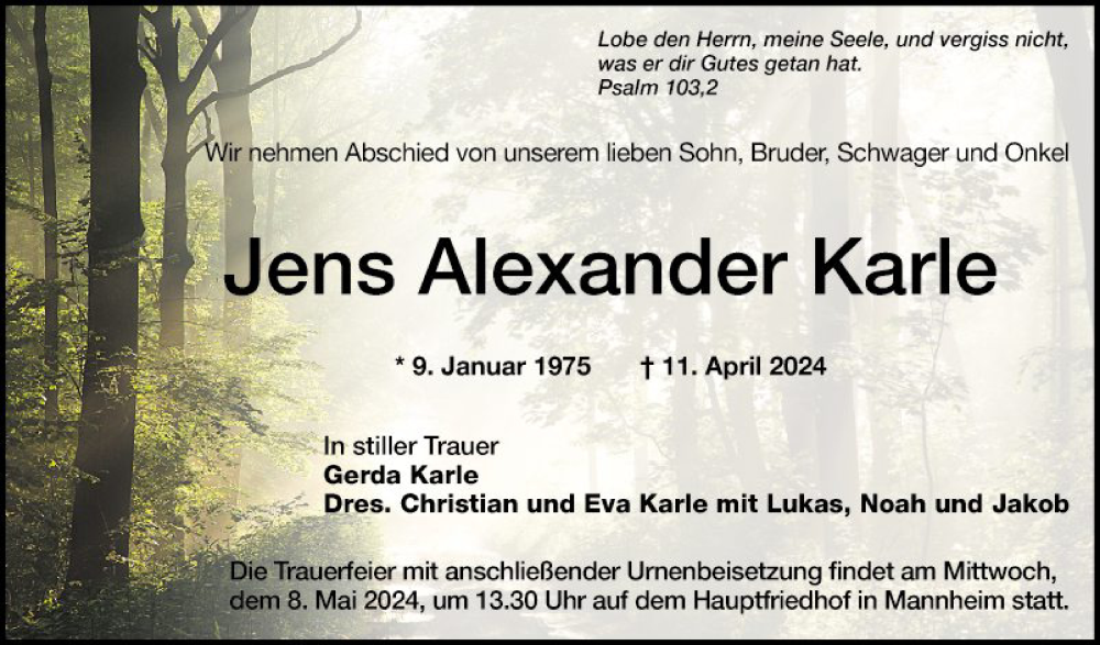  Traueranzeige für Jens Alexander Karle vom 27.04.2024 aus Mannheimer Morgen