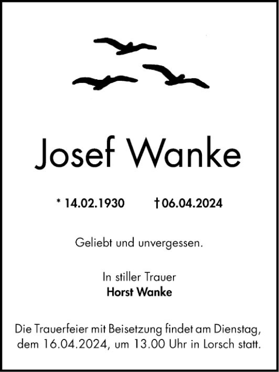 Traueranzeige von Josef Wanke von Bergsträßer Anzeiger