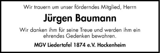 Traueranzeige von Jürgen Baumann von Schwetzinger Zeitung