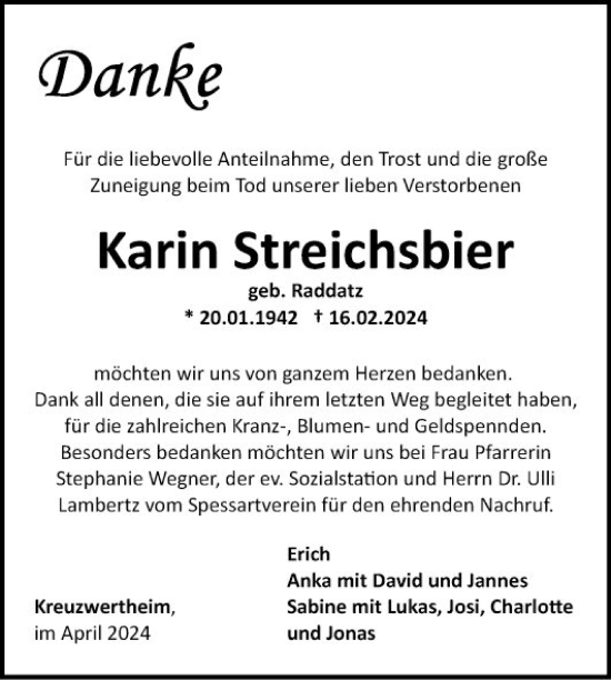 Traueranzeige von Karin Streichsbier von Fränkische Nachrichten