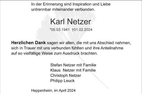 Traueranzeige von Karl Netzer von Bergsträßer Anzeiger