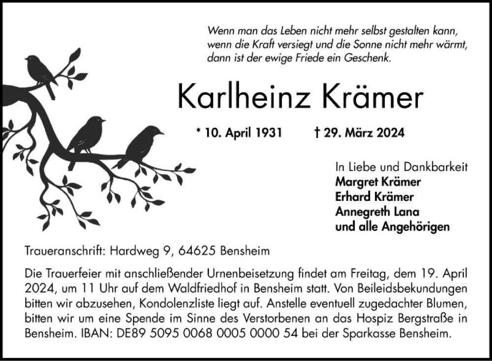  Traueranzeige für Karlheinz Krämer vom 13.04.2024 aus Bergsträßer Anzeiger