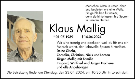 Traueranzeige von Klaus Mallig von Bergsträßer Anzeiger