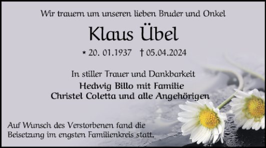 Traueranzeige von Klaus Übel von Mannheimer Morgen