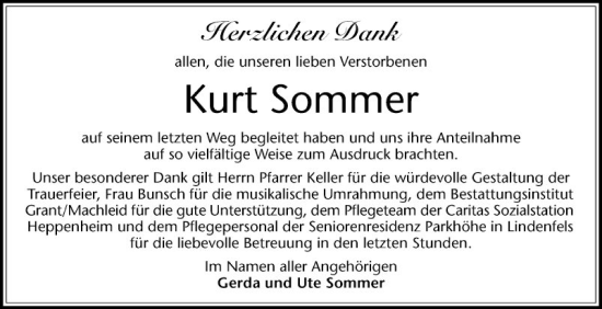 Traueranzeige von Kurt Sommer von Bergsträßer Anzeiger