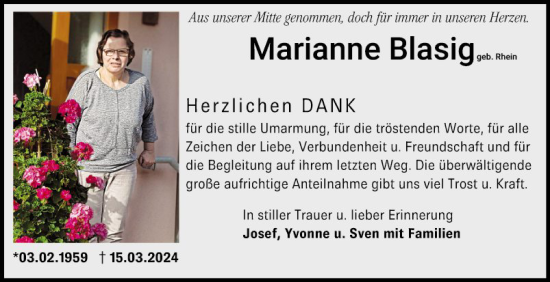 Traueranzeige von Marianne Blasig von Fränkische Nachrichten