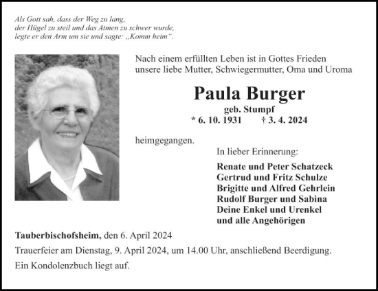 Traueranzeige von Paula Burger von Fränkische Nachrichten