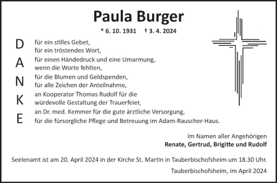 Traueranzeige von Paula Burger von Fränkische Nachrichten