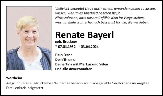 Traueranzeige von Renate Bayerl von Fränkische Nachrichten