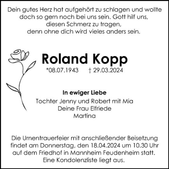 Traueranzeige von Roland Kopp von Mannheimer Morgen