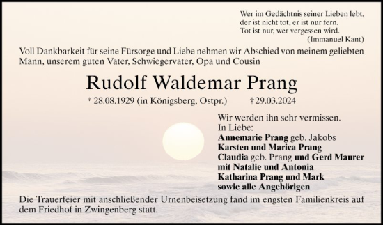 Traueranzeige von Rudolf Waldemar Prang von Bergsträßer Anzeiger